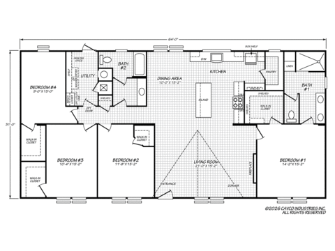 Cimarron III 32644A | 4 bedroom, 2 bathroom, 1984 sqft home. Built by Cavco - Austin in Austin, TX.