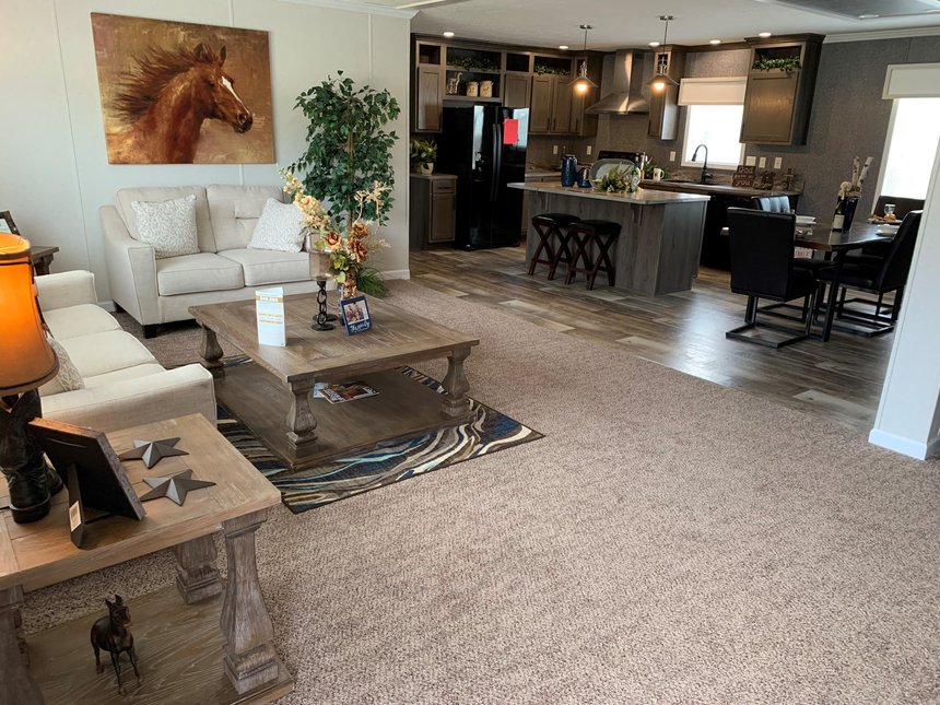 Open Concept Living Room and Kitchen in the Fairmont Manufactured Home Model #186040.