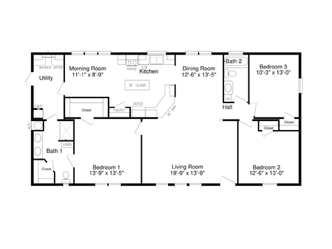 Black line drawing of Solitaire 28563A. Built by Solitaire Homes North.