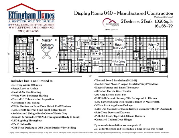 This image reflects the modified layout and lists some of the features included in our Model Home #640