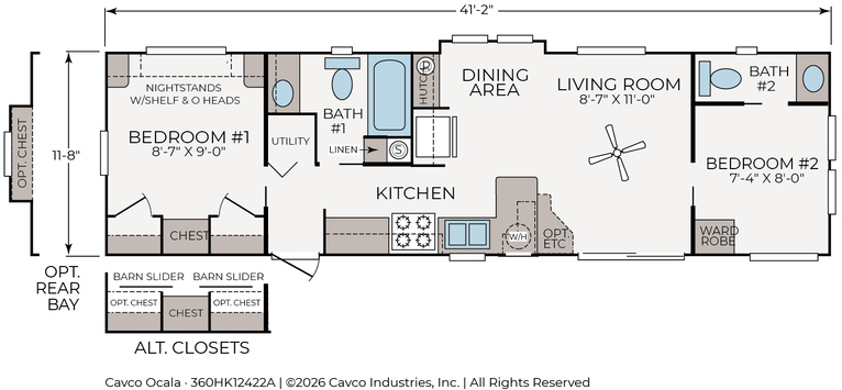 Hawk 12422A | 2 bedroom, 2 bathroom, 489 sqft home | Built by Cavco - Ocala in Ocala, FL.