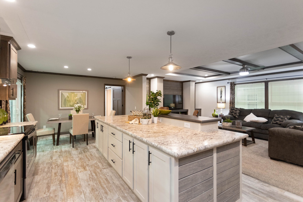 The Mystic Creek 92608 modular home kitchen, dining room and living area