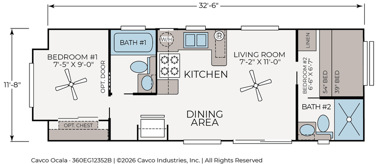 Eagle 12352B | 2 bedroom, 2 bathroom, 396 sqft home. Built by Cavco - Ocala in Ocala, FL.