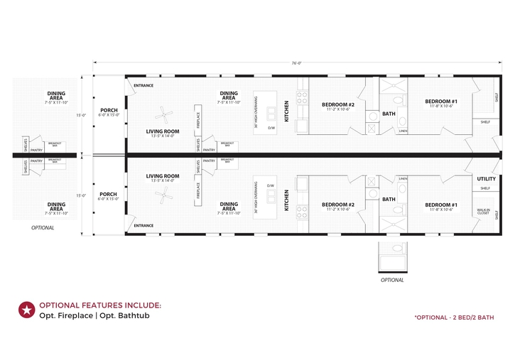 Black line drawing for The Cumberland - First HUD Approved Nationally Available Duplex | Side A: 2 bedroom, 1 bathroom, 1050 sqft | Side B: 2 bedroom, 1 bathroom, 1050 sqft. Double porch