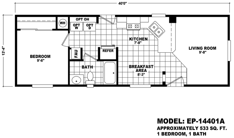 Economy Plus 14401A | 1 bedroom, 1 bathroom, 533 sqft home | Built by Cavco - Phoenix in Phoenix, AZ.