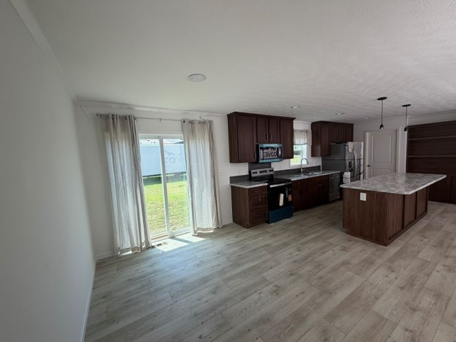 Dining area with sliding glass doors. 