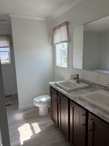 Master bath with china sinks and elongated toilet