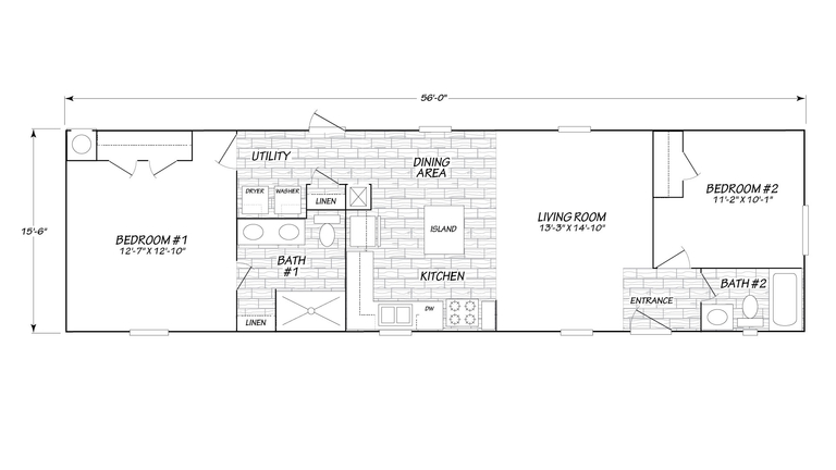 Solitaire 16562A | 2 bedroom, 2 bathroom, 896 sqft home. Built by Cavco - Presidio in Presidio, TX.