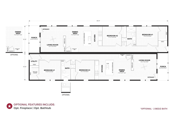 The Roanoke Duplex | First Nationally Available HUD Approved Duplex | Side A: 2 bedroom, 1 bathroom, 1050 sqft | Side B: 2 bedroom, 1 bathroom, 1050 sqft. Opposite side porches.