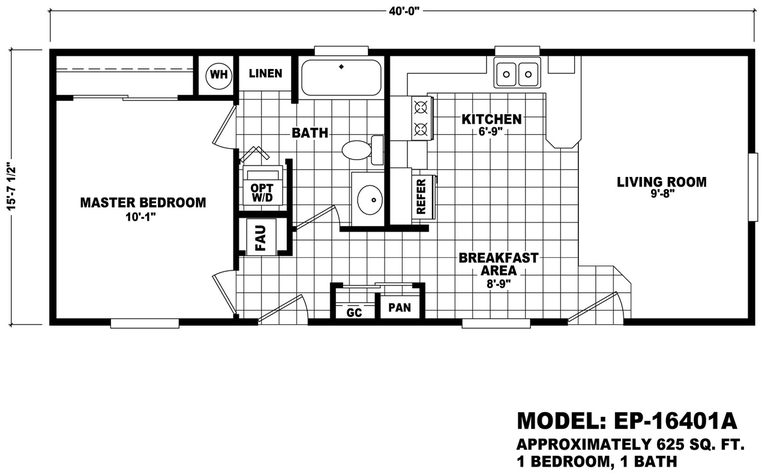 Economy Plus 16401A | 1 bedroom, 1 bathroom, 625 sqft home | Built by Cavco - Phoenix in Phoenix, AZ.