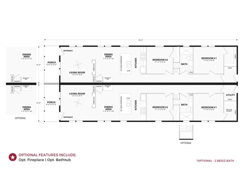 The Cumberland Duplex | First HUD Approved Nationally Available Duplex | Side A: 2 bedroom, 1 bathroom, 1050 sqft | Side B: 2 bedroom, 1 bathroom, 1050 sqft. Double porch