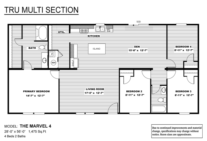 The Marvel 28564AH– 4 Bed / 2 Bath / Den – 1,475 Sq. Ft.