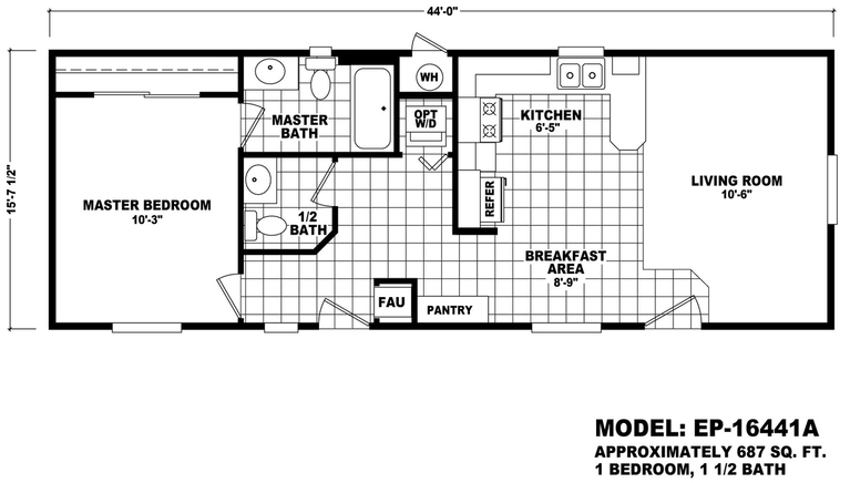 Economy Plus 16441A | 1 bedroom, 1.5 bathroom, 687 sqft home | Built by Cavco - Phoenix in Phoenix, AZ.